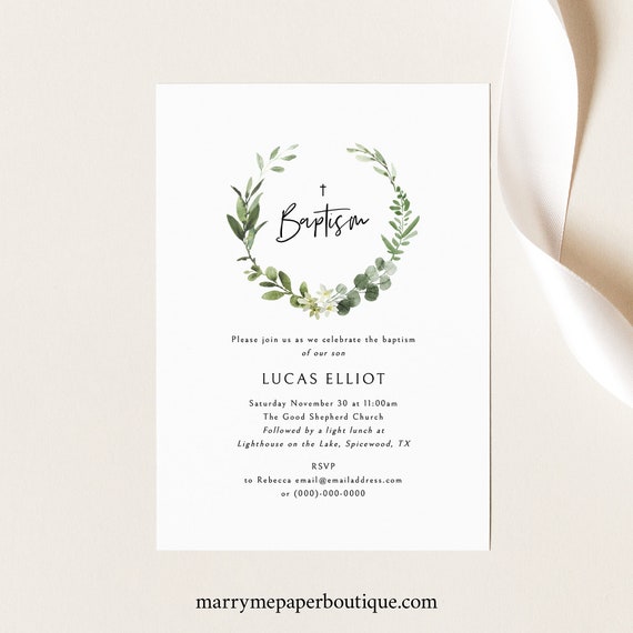 Baptism Invitation Template, Elegant Greenery Invite Printable, Templett Instant Download, Try Before Purchase