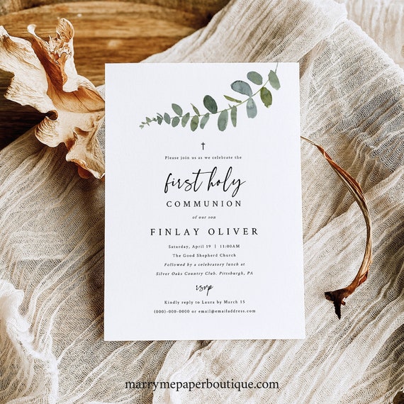 First Holy Communion Invitation Template, Eucalyptus Greenery, Editable First Communion Invite Card, Printable, Templett INSTANT Download