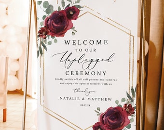 Unplugged Ceremony Sign Template, Elegant Burgundy Floral, Unplugged Wedding Sign, Printable, Hexagonal, Templett INSTANT Download, Editable