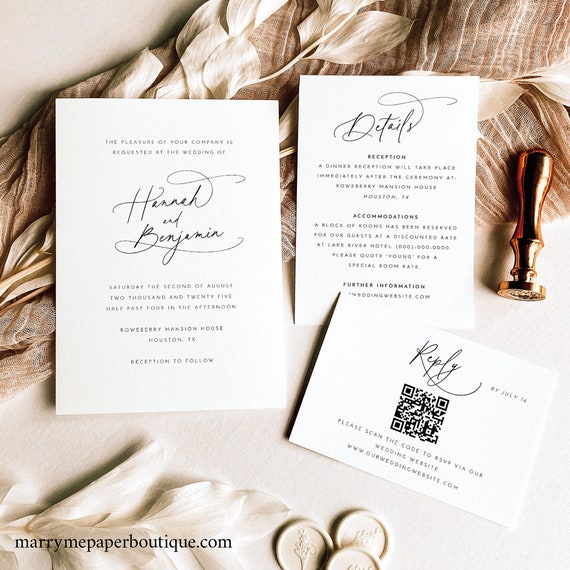 Wedding Invitation Template Set, Pretty Calligraphy, Editable Invites, QR Code RSVP, Printable, Templett Instant Download