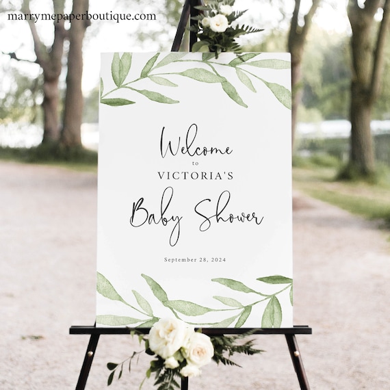 Baby Shower Welcome Sign Template, Greenery Leaves, Editable Instant Download, Try Before Purchase