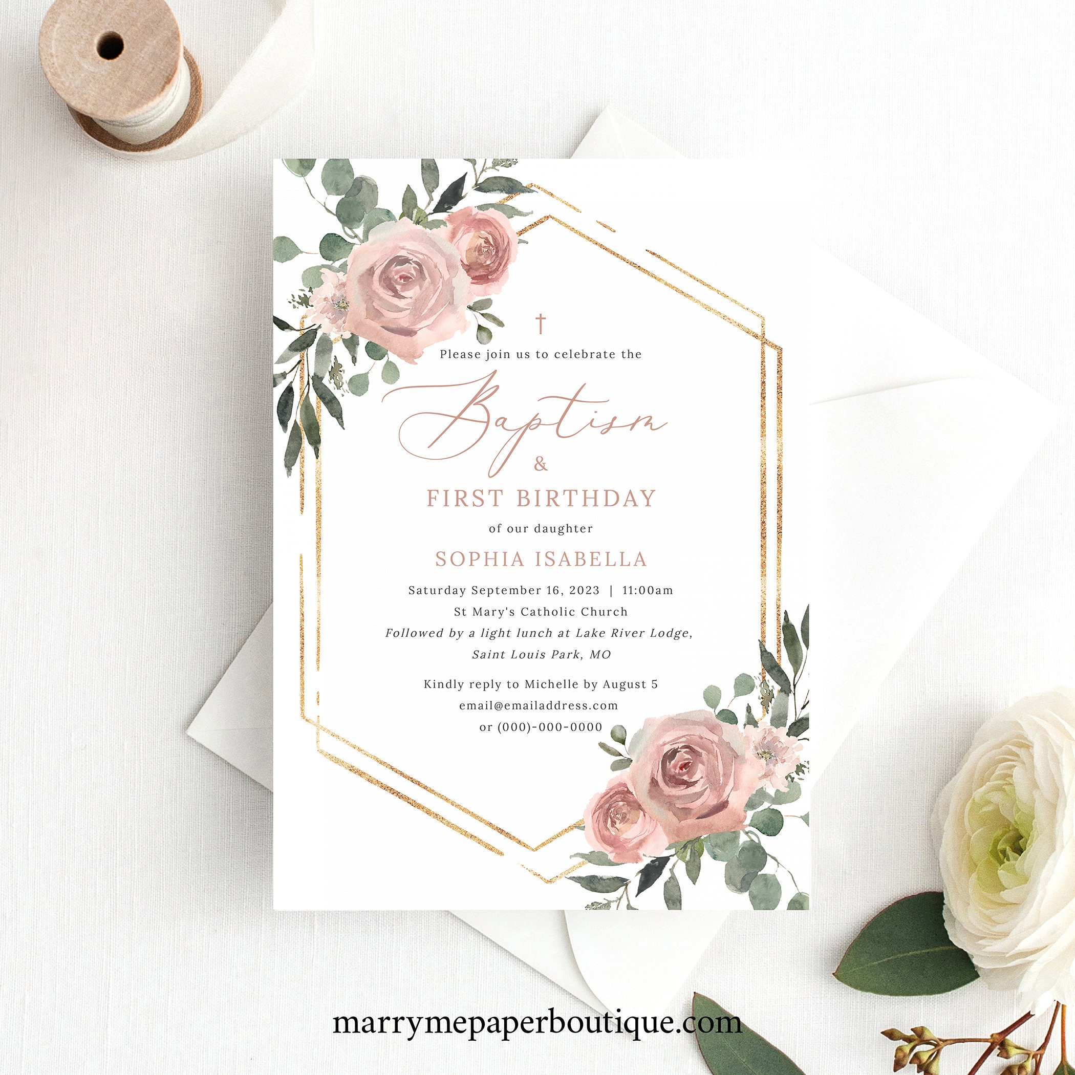 Baptism & First Birthday Invitation Template, Dusky Pink Floral