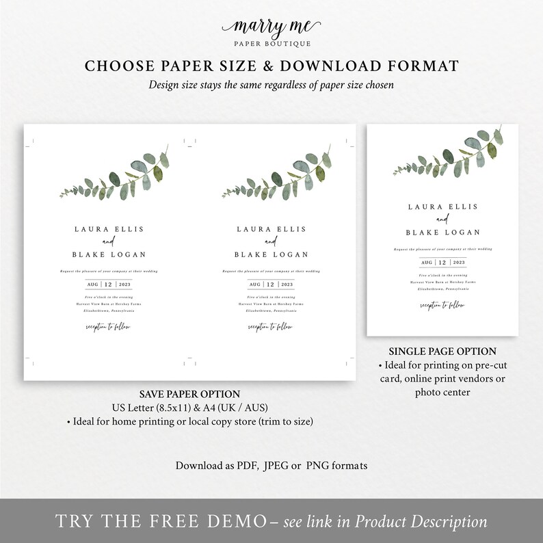 Eucalyptus Wedding Invitation Template Set, Try Before Purchase, Greenery Wedding Invites Printable, Templett Instant Download image 5