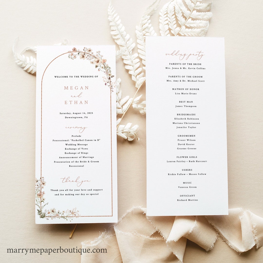 Wedding Program Template, Rustic Pink Flowers Arch, Editable, Wedding ...