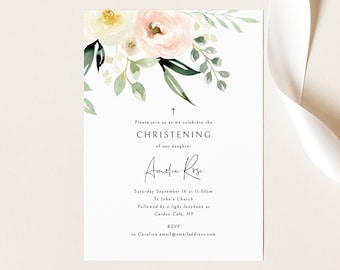 Christening Invitation Template, Pink Floral Greenery, Ivory, Christening Invite, Printable, Editable, Templett INSTANT Download