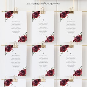 Seating Cards Template, Elegant Burgundy Floral, Printable Wedding Seating Plan Cards, Printable, Templett INSTANT Download