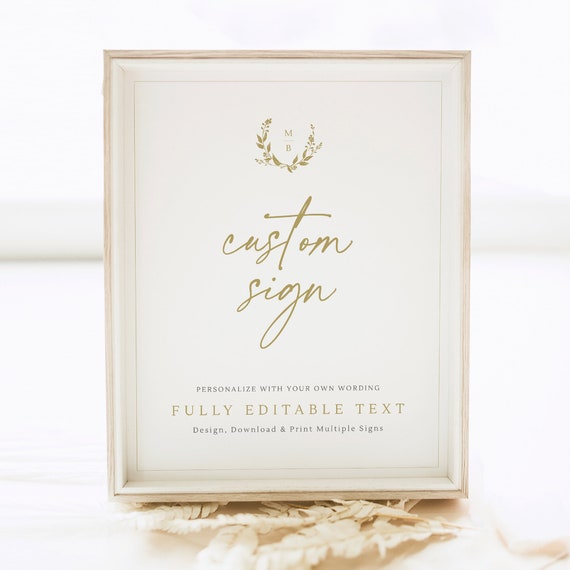 Wedding Sign Bundle Template, Gold Wreath Monogram, Editable, Gold Monogram Wedding Signs Bundle, 8x10, Templett INSTANT Download