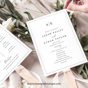 Wedding Program Fan Template, Minimalist Wedding Monogram, Wedding Fan Program, Editable, Ceremony Fan, Printable, Templett INSTANT Download