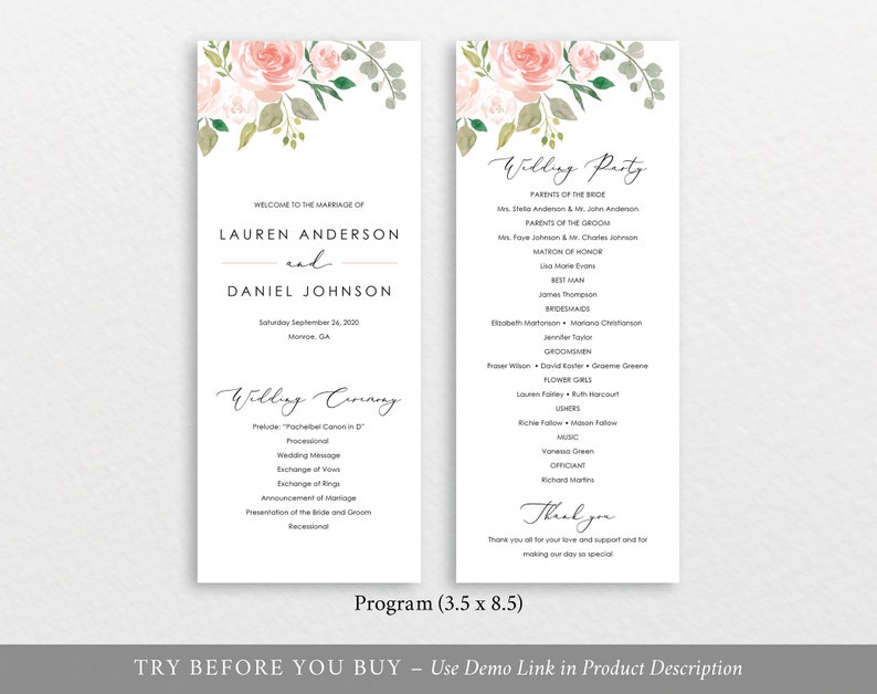 Blush Pink Floral Wedding Program Template Fully Editable Instant Download TRY BEFORE You BUY