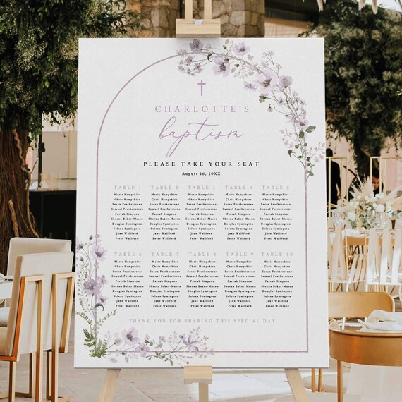 Baptism Seating Plan Template, Rustic Lavender Flower Arch, Editable, Lavender Baptism Seating Chart Sign Poster, Templett INSTANT Download