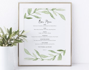 Bar Menu Template, Greenery Leaves, Editable & Printable, Templett, Try Before Purchase,  Instant Download