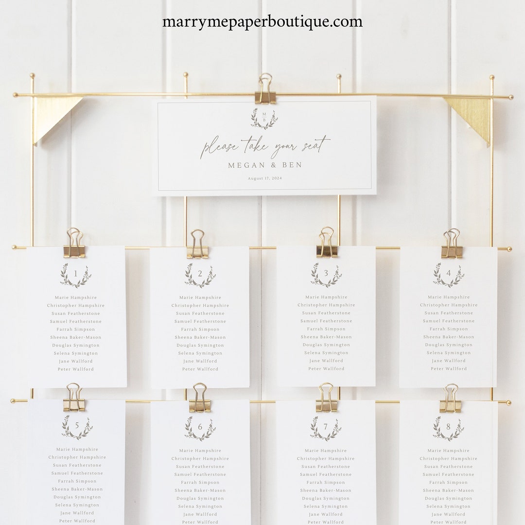Seating Plan Cards Template, Wreath Monogram, With Header Card ...