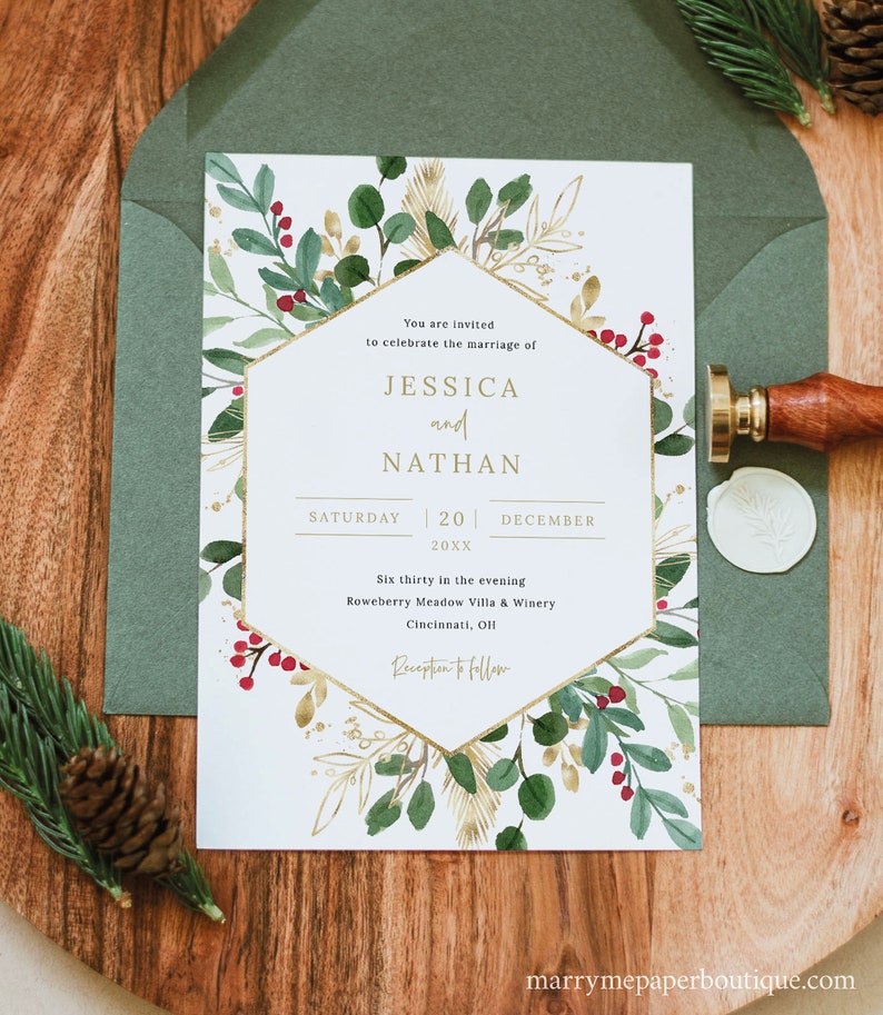 Winter Berry Invitation Template Set, Christmas Wedding Invitation Printable, Details & RSVP, Editable Templett, Instant Download image 4