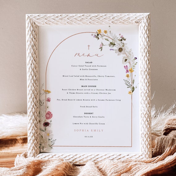 Baptism Menu Template, Rustic Wildflower Arch, 8x10, Editable Baptism Menu, Wildflower Baptism Menu Card, Templett INSTANT Download