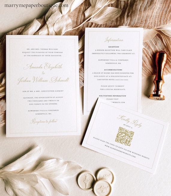 Wedding Invitation Template Set, Traditional Wedding Calligraphy in Gold, Editable, QR Code RSVP, Wedding Invite, Templett Instant Download