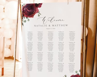 Wedding Seating Chart Template, Elegant Burgundy Floral, Seating Plan Sign, Printable, Editable, Templett INSTANT Download, Vertical