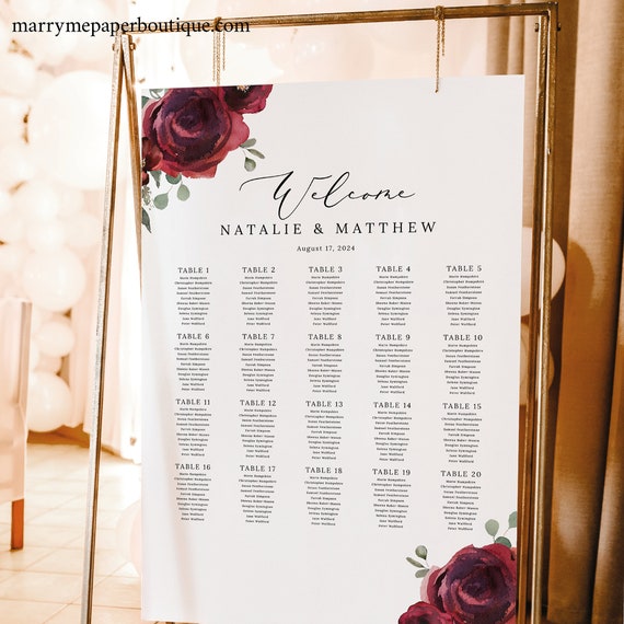 Wedding Seating Chart Template, Elegant Burgundy Floral, Seating Plan Sign, Printable, Editable, Templett INSTANT Download, Vertical