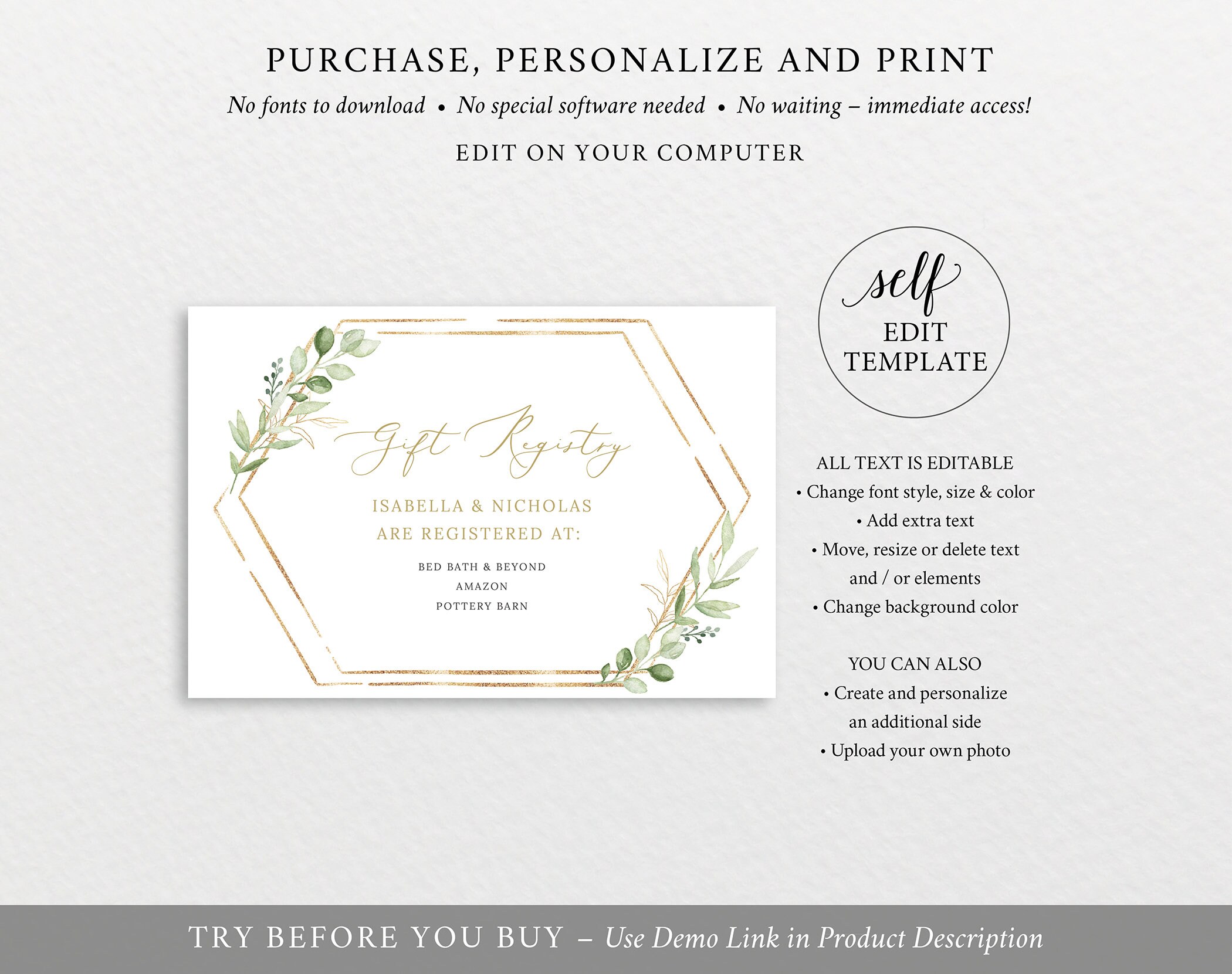 Gift Registry Card Template, TRY BEFORE You Buy, Greenery Hexagonal, Editable &amp; Printable