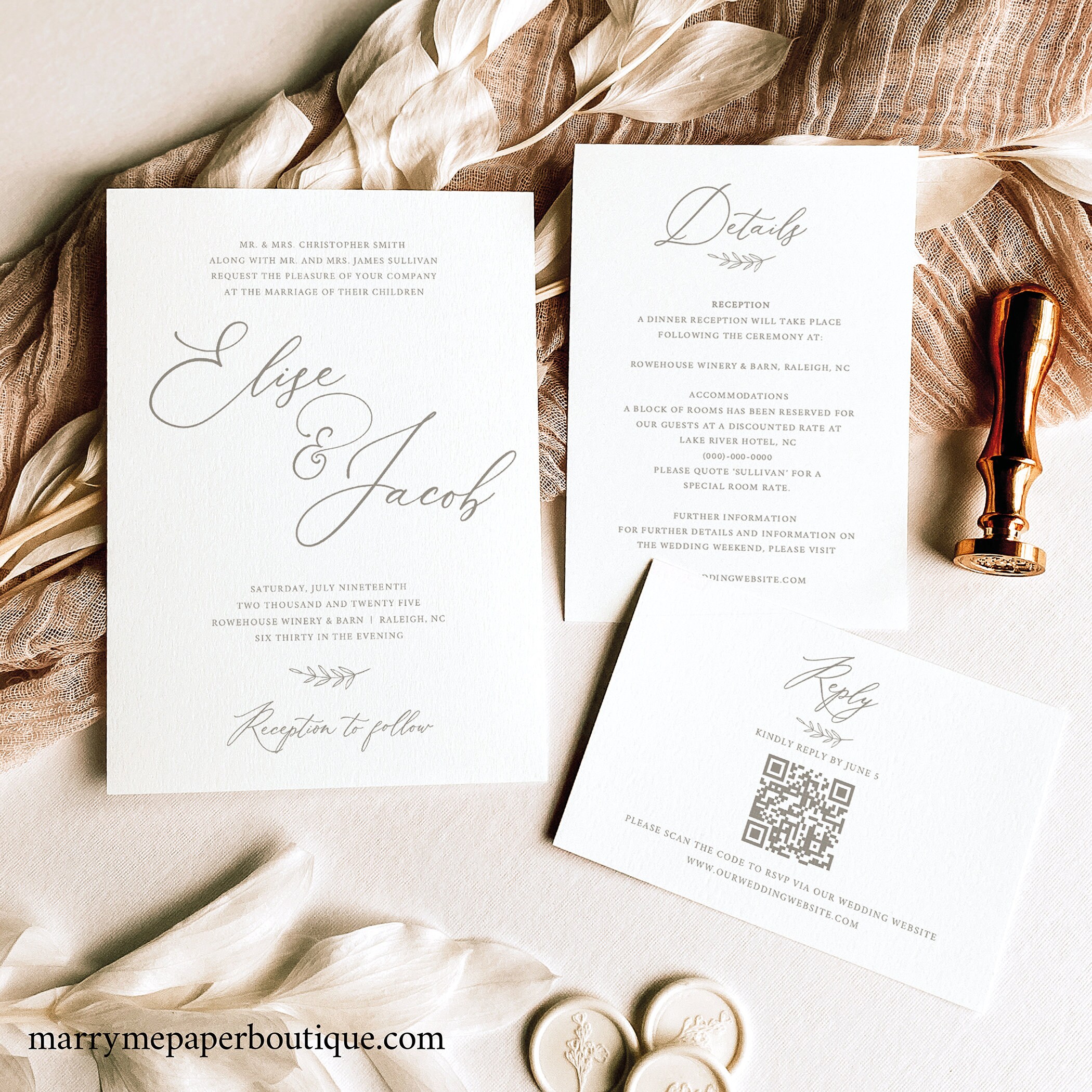Wedding Invitation Template Kit, Elegant Font, QR Code RSVP, Editable