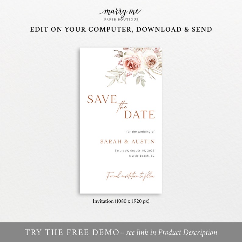 Digital Save the Date Text Invitation Template, Floral Boho, Editable, Electronic Save The Date Text Invite, Templett INSTANT Download image 4