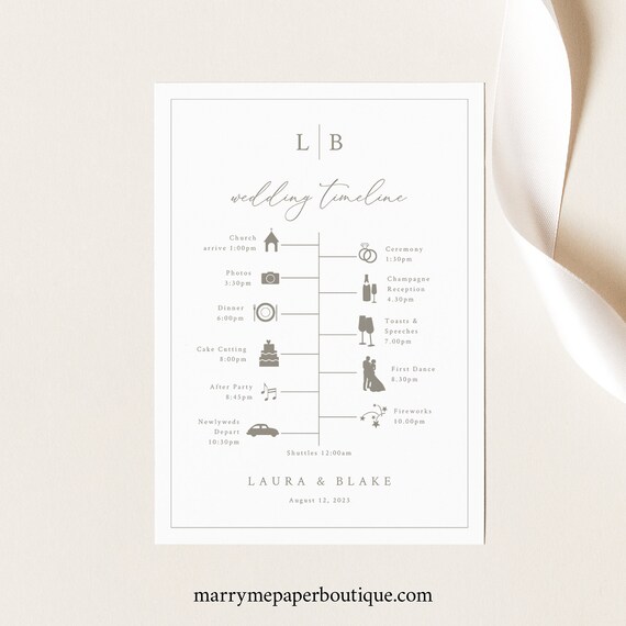 Wedding Itinerary Card Template, Monogram & Border, Wedding Timeline Card, Printable, Editable Order Of Events, Templett INSTANT Download