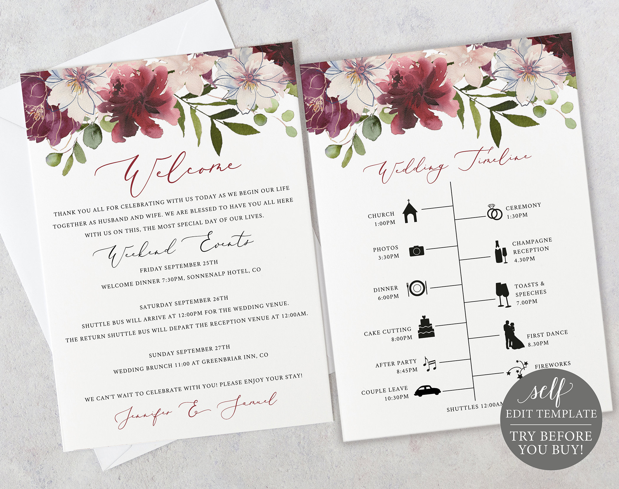 Wedding Timeline & Welcome Card Template, Editable Instant Download,  Itinerary Printable, Order of Events, Welcome Letter, Burgundy With Regard To Wedding Welcome Note Template