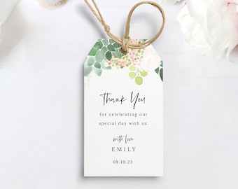 Succulent Floral Favor Tag Template, Green & Blush, Thank You Tag Printable, Templett Editable, Instant Download