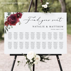 Wedding Seating Plan Template, Elegant Burgundy Floral, Burgundy Seating Chart, Printable, Editable Seating Sign, Templett INSTANT Download