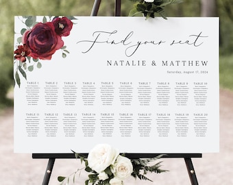 Wedding Seating Plan Template, Elegant Burgundy Floral, Burgundy Seating Chart, Printable, Editable Seating Sign, Templett INSTANT Download