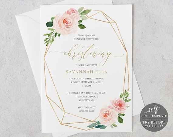 Christening Invitation Template, Editable & Printable Instant Download, Demo Available, Blush Geometric