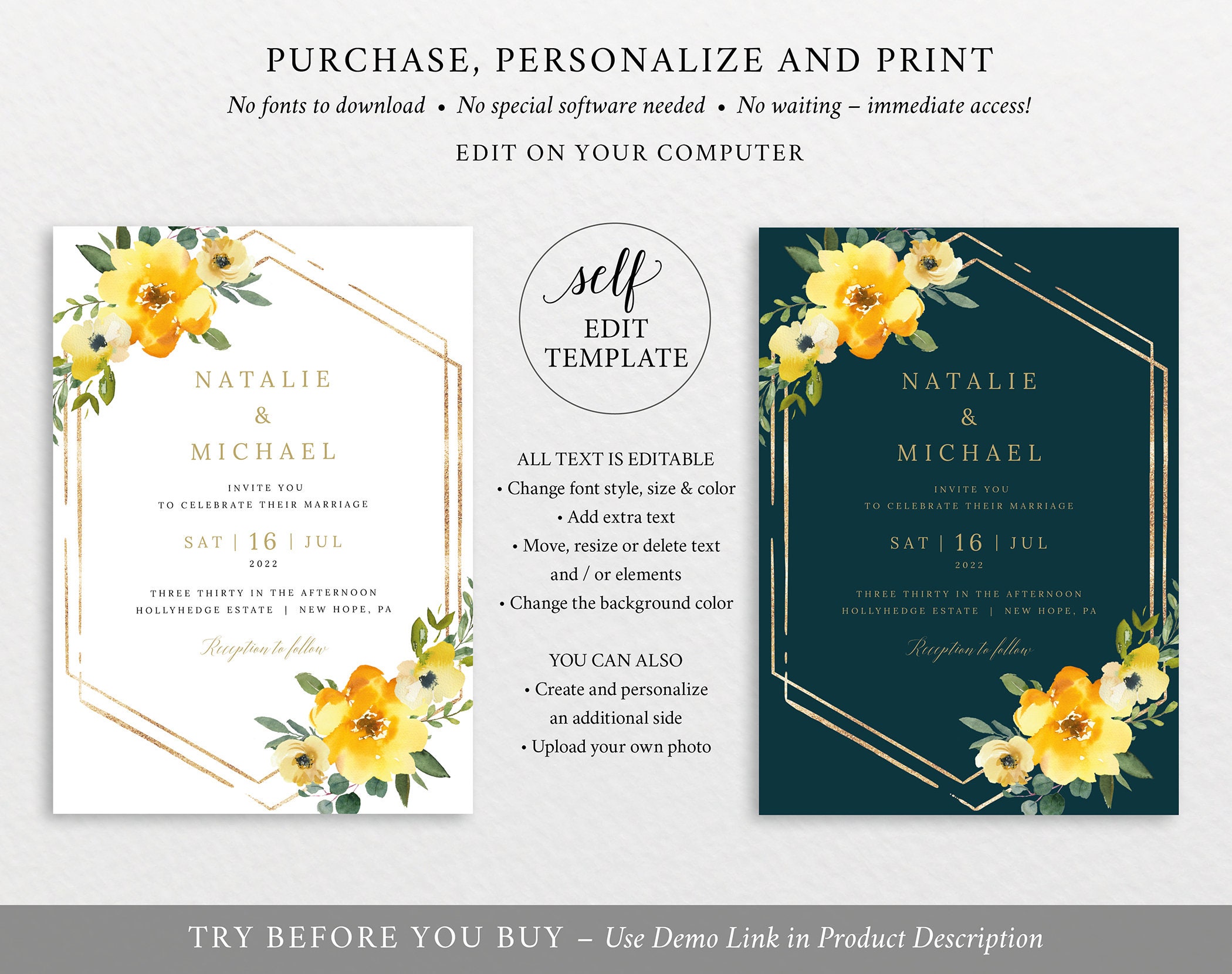 wedding invitation template set yellow floral editable