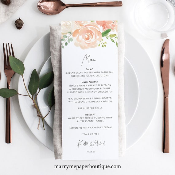 Wedding Menu Template, TRY BEFORE You BUY, Editable Instant Download, Peach Floral