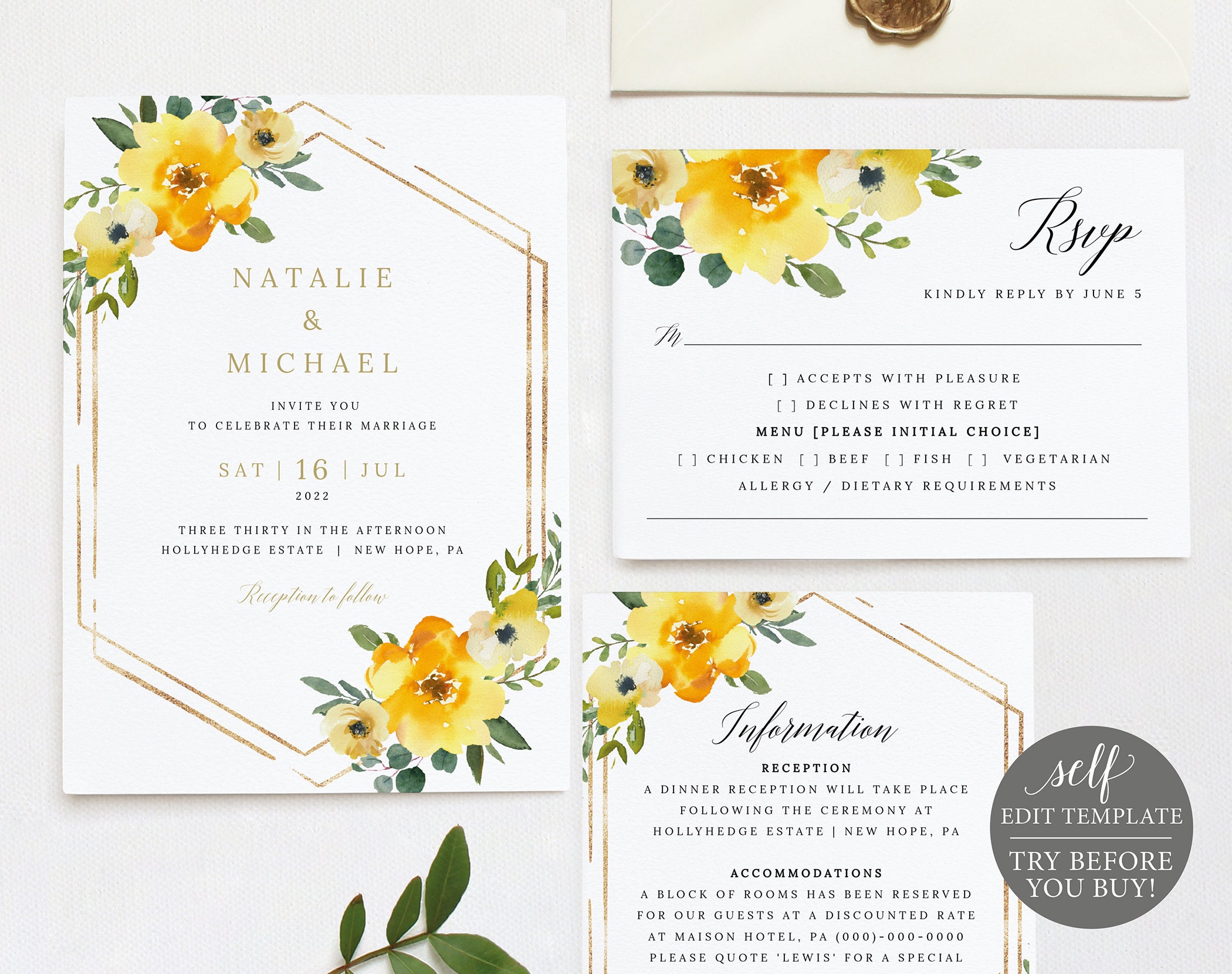 Wedding Invitation Template Set, Yellow Floral, Editable & Printable