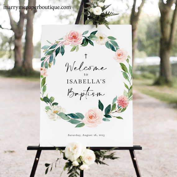 Baptism Welcome Sign Template, Blush Floral Greenery, Printable Baptism Sign, Templett INSTANT Download, Editable