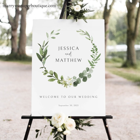 Wedding Welcome Sign Template, Elegant Greenery Wedding Sign Printable, Try Before Purchase, Templett Instant Download