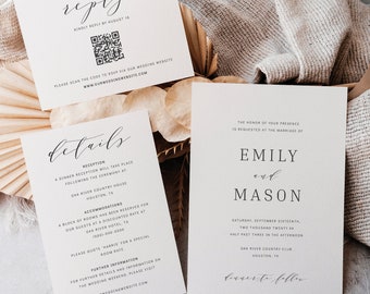 Wedding Invitation Template Set, Formal & Elegant, Editable QR Code RSVP, Reply, Details, Wedding Invite Template, Templett INSTANT Download