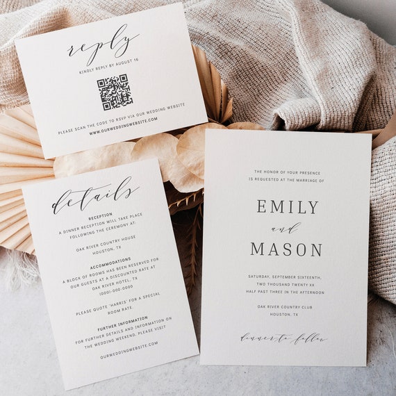 Wedding Invitation Template Set, Formal & Elegant, Editable QR Code RSVP, Reply, Details, Wedding Invite Template, Templett INSTANT Download