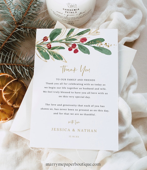 Thank You Letter Template, Winter Wedding, Editable, Christmas Wedding Table Thank You Note, 4x6, Printable, Templett INSTANT Download