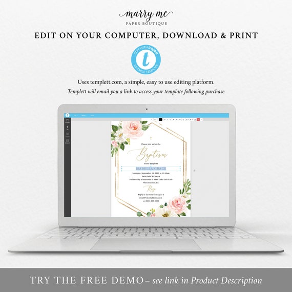 Baptism Invitation Template, Pink Floral Hexagonal, Try Before.