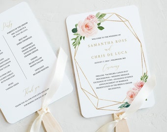 Wedding Program Fan Template, Try Before Purchase, Editable Instant Download, Blush Floral Geometric
