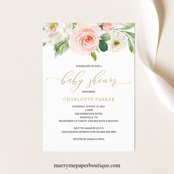 Baby Shower Invitation, Try Before Purchase,  Editable, Instant Download, Printable Baby Shower Invite Template, Blush and Gold Floral