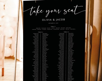 Wedding Banquet Seating Plan Template, Modern Script Black, Editable, Banquet Table Seating Chart, Printable, Templett INSTANT Download