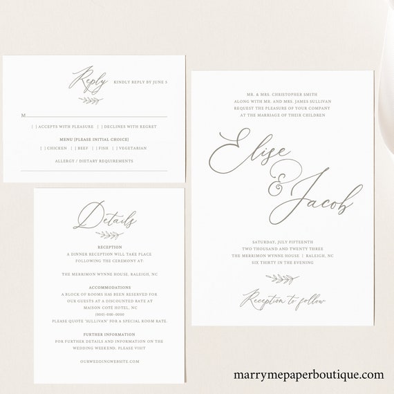 Invitation Set Instant Download Templett #CRSTN Modern Calligraphy Wedding Bundle Editable Template Minimalist Wedding Invitation Suite