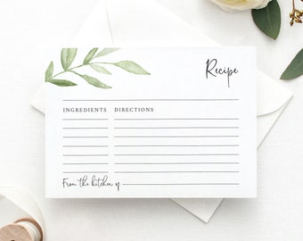 Recipe Card Template, Greenery Leaves, Editable & Printable, Instant Download, Templett, Try Before Purchase