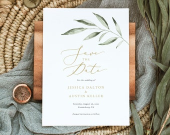 Save the Date Card Template, Greenery Leaf, Instant Download, Editable & Printable, Templett, Try Before Purchase