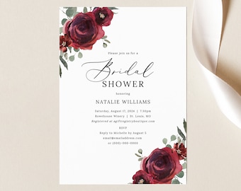 Bridal Shower Invitation Template, Elegant Burgundy Floral, Burgundy Bridal Shower Invite, Printable, Editable, Templett INSTANT Download