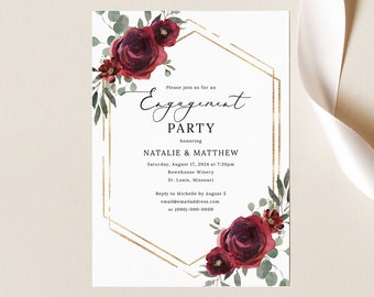 Engagement Party Invitation Template, Elegant Burgundy Floral, Engagement Dinner Invitation, Printable, Hexagonal, Templett INSTANT Download