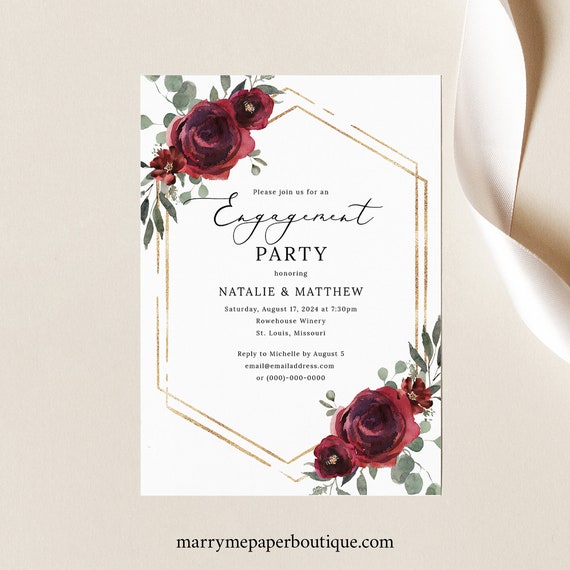 Engagement Party Invitation Template, Elegant Burgundy Floral, Engagement Dinner Invitation, Printable, Hexagonal, Templett INSTANT Download