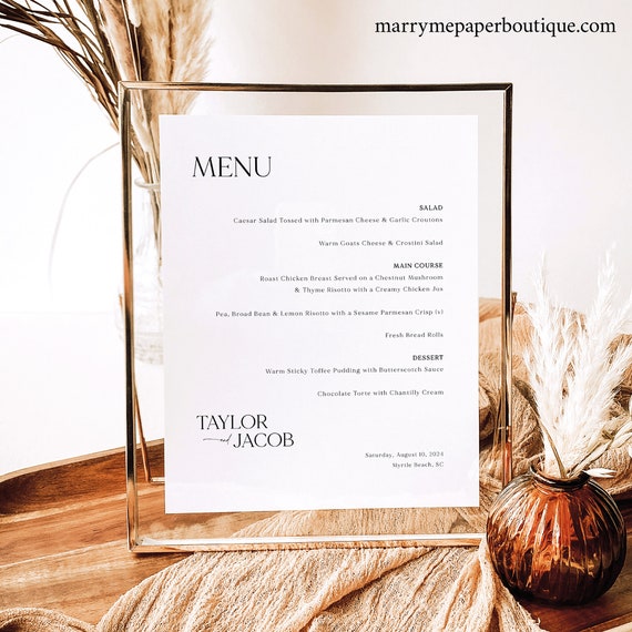 Wedding Menu Sign Template, Modern & Classic, Wedding Table Menu Sign, Printable, Editable, Elegant 8x10 Menu, Templett INSTANT Download