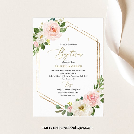 Baptism Invitation Template, Pink Floral Hexagonal, Try Before Purchase, Editable Instant Download